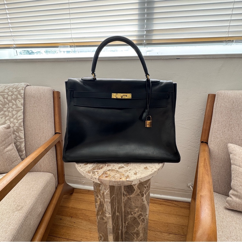 Hermes Black Leather Satchel with Gold Hardware